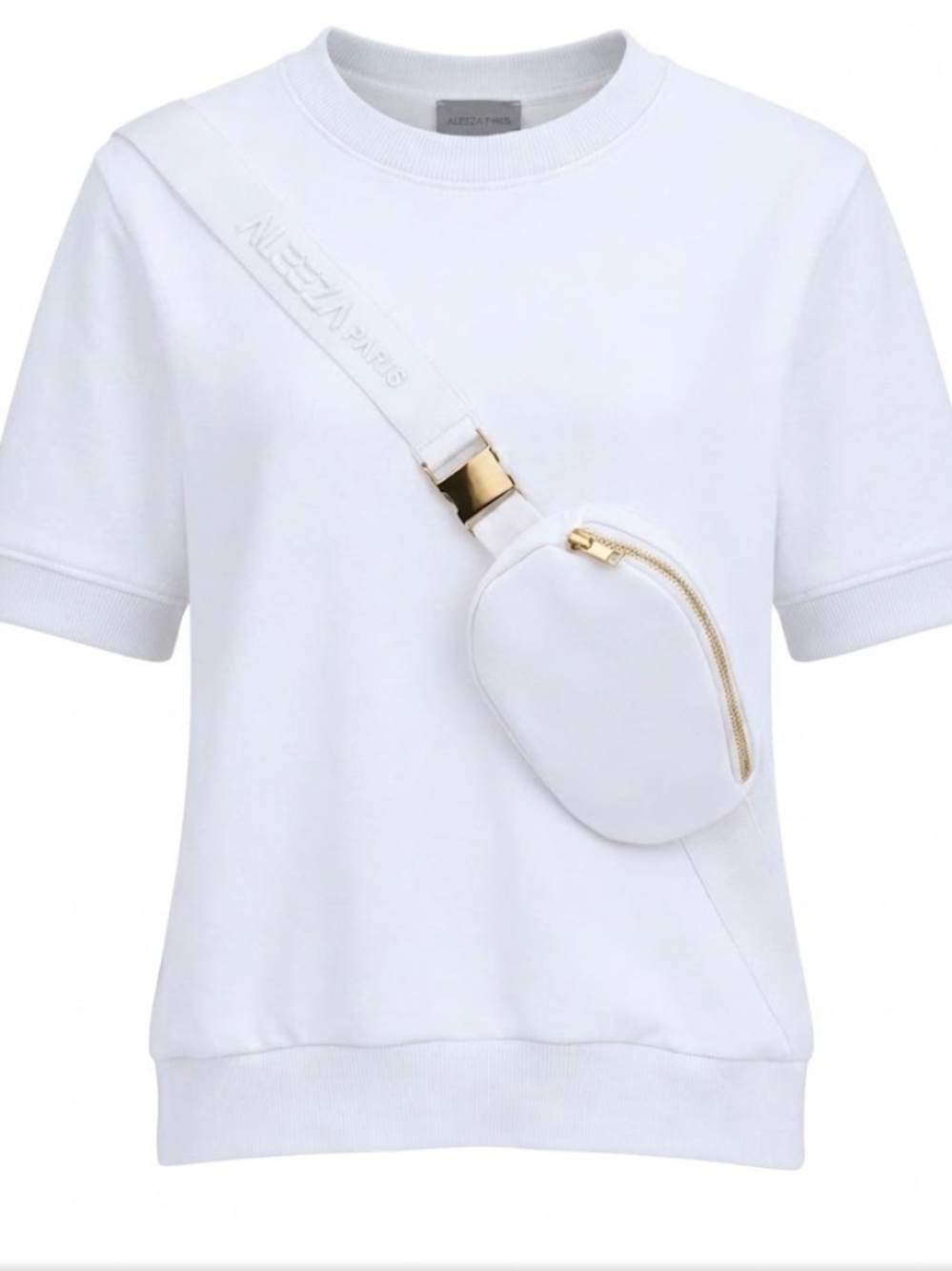 NWT Aleeza Paris White Tshirt With Intetegrated Crossbody Pouch Gold Hardware XS